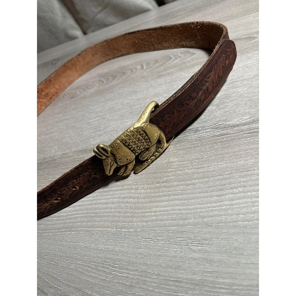 Vintage Leather Armadillo Buckle Belt Embossed Floral Western Boho 45 Inch Brass